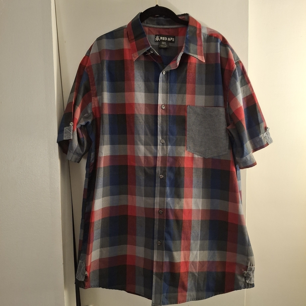 Red Ape Men's Plaid Short Sleeve Shirt - Red, Blue, Gray